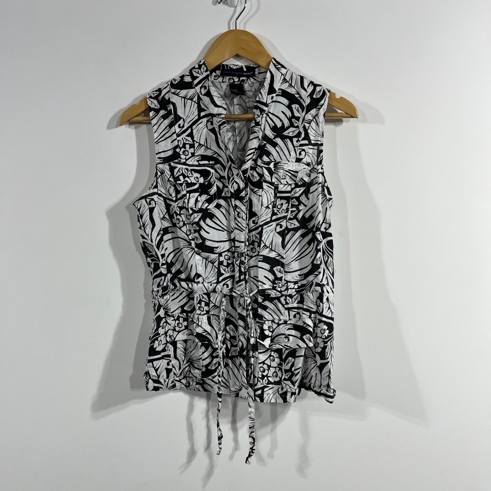 Saint Tropez West‎ Resort Coastal Tropical Floral 100% Linen Top Womens Medium